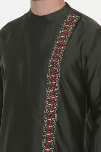 Green Silk Embroidered Kurta Set