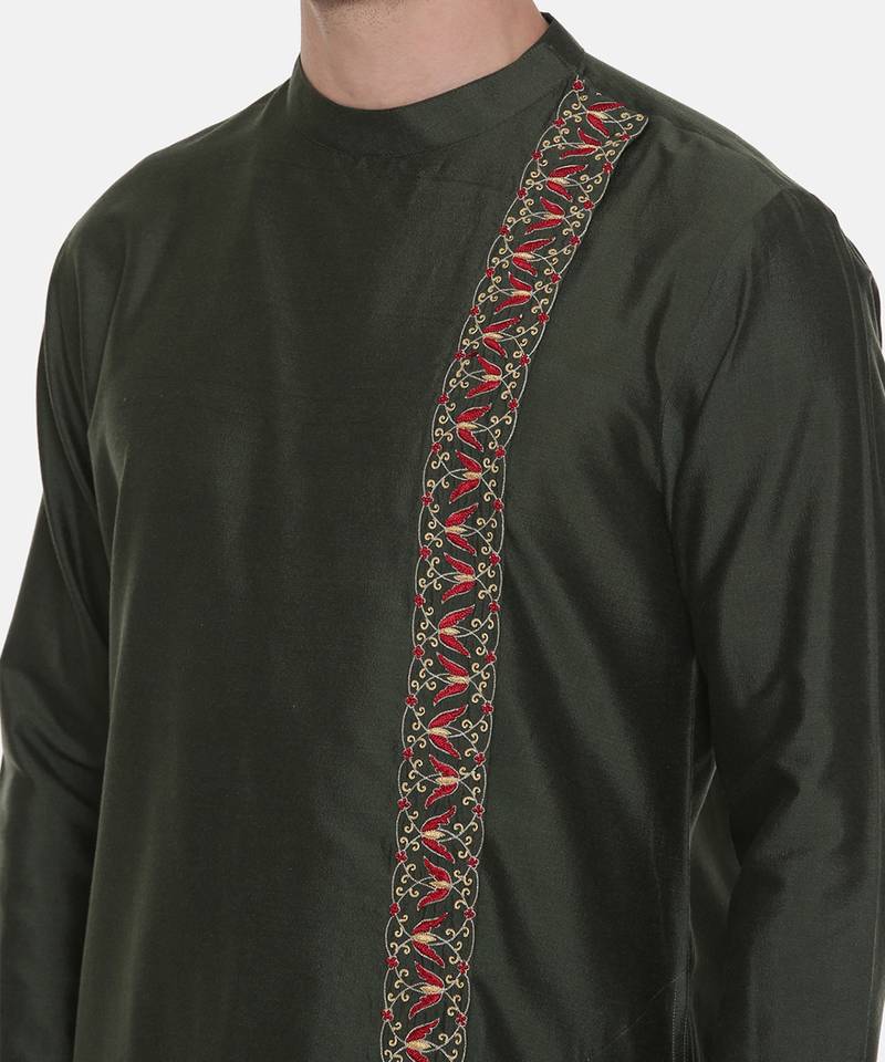 Green Silk Embroidered Kurta Set