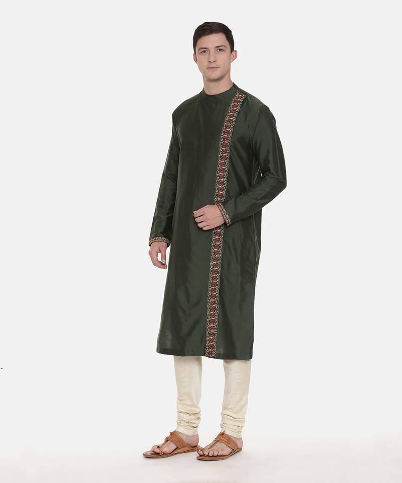 Green Silk Embroidered Kurta Set