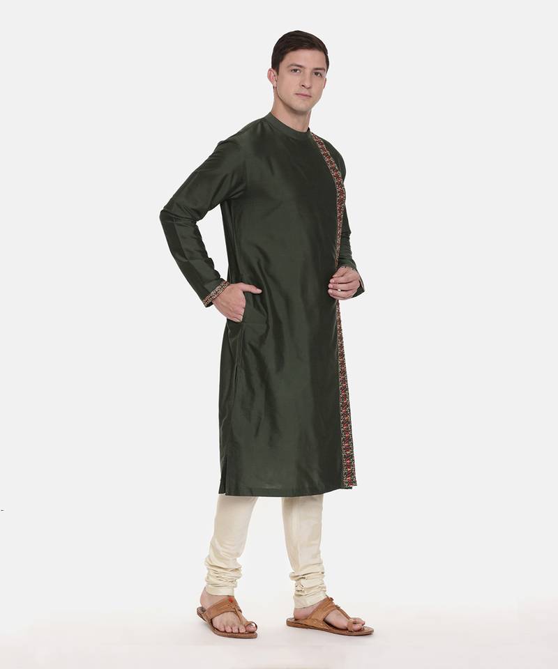 Green Silk Embroidered Kurta Set
