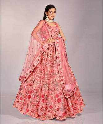 Rose Pink Floral Embroidered Net Wedding Lehenga Choli 1