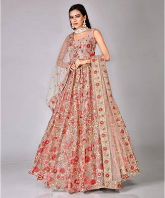 Mauve Floral Embroidered Net Wedding Lehenga Choli 1