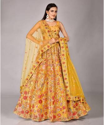 Honey Yellow Floral Embroidered Net Wedding Lehenga Choli 1