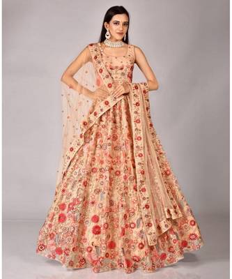 Peach Floral Embroidered Net Wedding Lehenga Choli 1