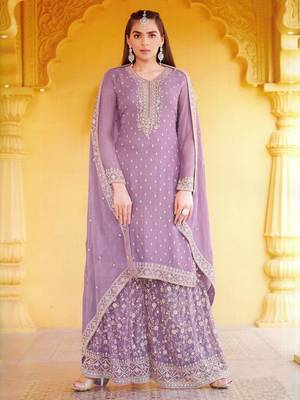 Purple Heavy Designer Embroidery Work Faux Georgette unstitched Long Length Kameez Plazzo party-wear-salwar-kameez 1