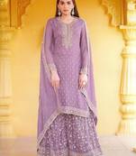 Purple Heavy Designer Embroidery Work Faux Georgette unstitched Long Length Kameez Plazzo party-wear-salwar-kameez