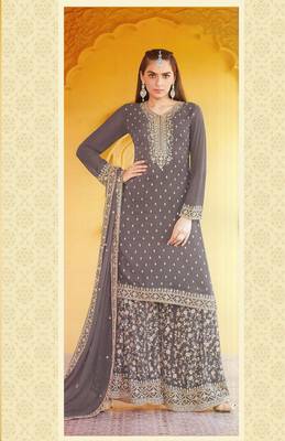 Grey Heavy Designer Embroidery Work Faux Georgette unstitched Long Length Kameez Plazzo party-wear-salwar-kameez 1