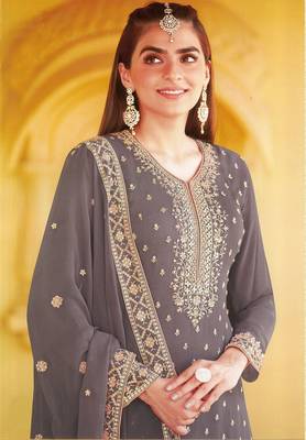Grey Heavy Designer Embroidery Work Faux Georgette unstitched Long Length Kameez Plazzo party-wear-salwar-kameez 2