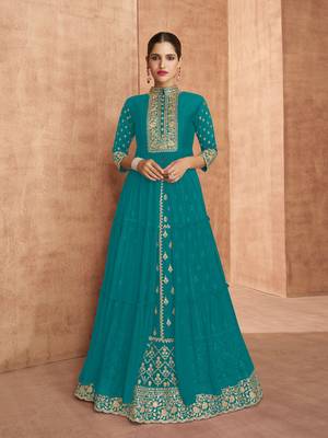 Sea Green Heavy Designer Embroidery Work Faux Georgette unstitched Long Length Kameez pant party-wear-salwar-kameez 1