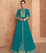 Sea Green Heavy Designer Embroidery Work Faux Georgette unstitched Long Length Kameez pant party-wear-salwar-kameez