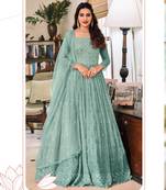 Blue  Designer Heavy Mirror Embroidery Work Faux Georgette unstitched Long Length Kameez pant cotton salwar suit