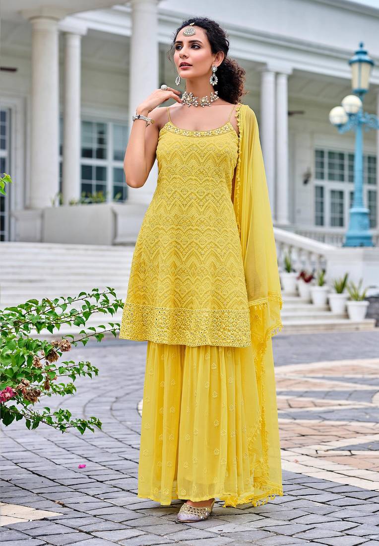 Yellow Designer Heavy Embroidery Work Viscose Georgette unstitched