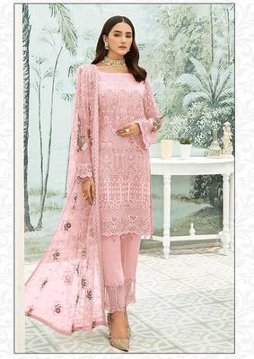 Pink Designer Sequance,Thread Embroidery Work Faux Georgette unstitched Long Length Kameez pant silk salwar suit 1