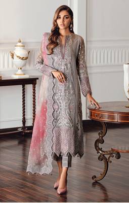 Grey Designer Heavy Embroidery Work Georgette unstitched Long Length Kameez pant Designer Salwar Kameez 1