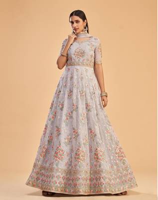 Lavender Heavy Thread,Jari Embroidery Work Georgette unstitched Long Length Kameez pant silk salwar suit 1
