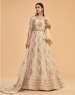 Dusty Yellow Heavy Thread,Jari Embroidery Work Georgette unstitched Designer pant silk salwar suit 1