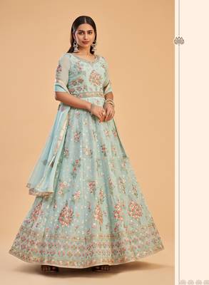 Firozi Heavy Thread,Jari Embroidery Work Georgette unstitched Designer pant silk salwar suit 1
