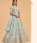 Firozi Heavy Thread,Jari Embroidery Work Georgette unstitched Designer pant silk salwar suit