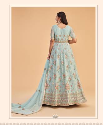 Firozi Heavy Thread,Jari Embroidery Work Georgette unstitched Designer pant silk salwar suit 2