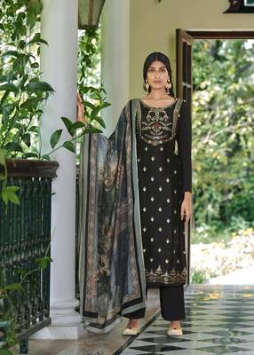 Black Wevon Jacquard Designer,Digital Printed Viscose Russian Silk unstitched Designer Plazzo silk salwar suit 1
