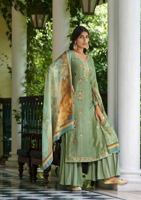 Pista Wevon Jacquard Designer,Digital Printed Viscose Russian Silk unstitched Designer Plazzo silk salwar suit 1