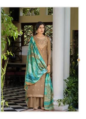 Beige Wevon Jacquard Designer,Digital Printed Viscose Russian Silk unstitched Designer Plazzo silk salwar suit 1