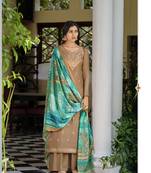 Beige Wevon Jacquard Designer,Digital Printed Viscose Russian Silk unstitched Designer Plazzo silk salwar suit