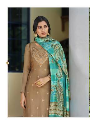 Beige Wevon Jacquard Designer,Digital Printed Viscose Russian Silk unstitched Designer Plazzo silk salwar suit 2