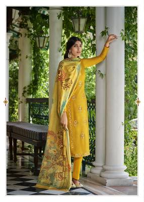 Yellow Wevon Jacquard Designer,Digital Printed Viscose Russian Silk unstitched Designer Plazzo silk salwar suit 1