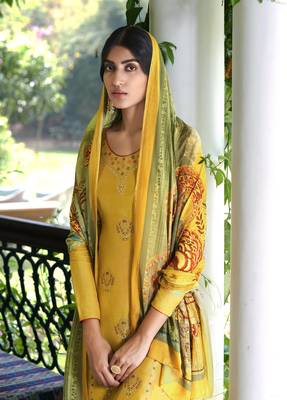 Yellow Wevon Jacquard Designer,Digital Printed Viscose Russian Silk unstitched Designer Plazzo silk salwar suit 2