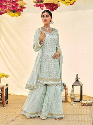 Sky Blue Heavy Designer Embroidery Work Faux Georgette unstitched Designer sharara silk salwar suit 1