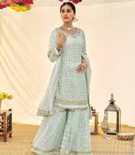 Sky Blue Heavy Designer Embroidery Work Faux Georgette unstitched Designer sharara silk salwar suit