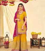Yellow Heavy Designer Embroidery Work Faux Georgette unstitched Designer sharara silk salwar suit