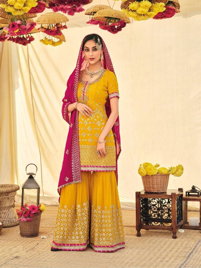 Yellow Heavy Designer Embroidery Work Faux Georgette unstitched Designer sharara silk salwar suit