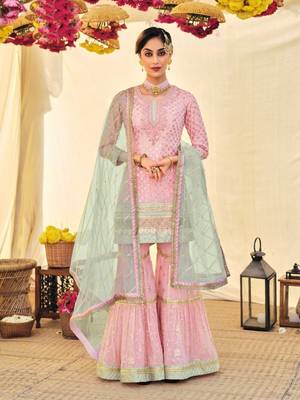 Baby Pink Heavy Designer Embroidery Work Faux Georgette unstitched Designer sharara silk salwar suit 1