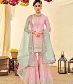Baby Pink Heavy Designer Embroidery Work Faux Georgette unstitched Designer sharara silk salwar suit