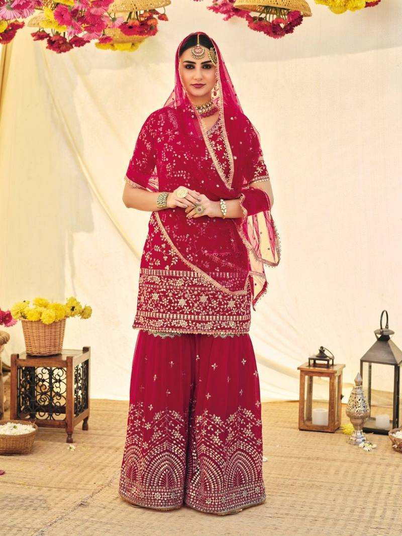 Elegant Pink Georgette Heavy Designer Wedding Wear Georgette Salwar Suit With Pink Georgette