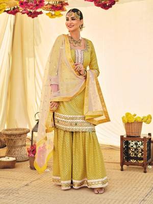 Lemon Heavy Designer Embroidery Work Faux Georgette unstitched Designer sharara silk salwar suit 1
