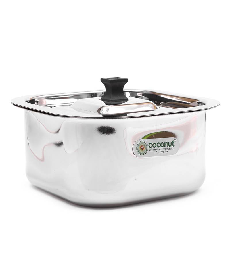 Coconut Stainless Steel Square Dish/Handi with Stainless Steel Lid for Cook & Serve   1 Unit   Capacity   1.5 Litre