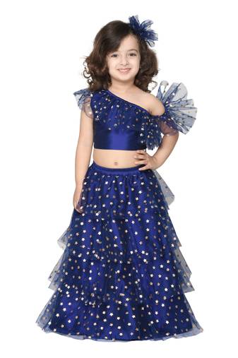 Navy Blue Silk Blended Lehenga Choli Set for Girls