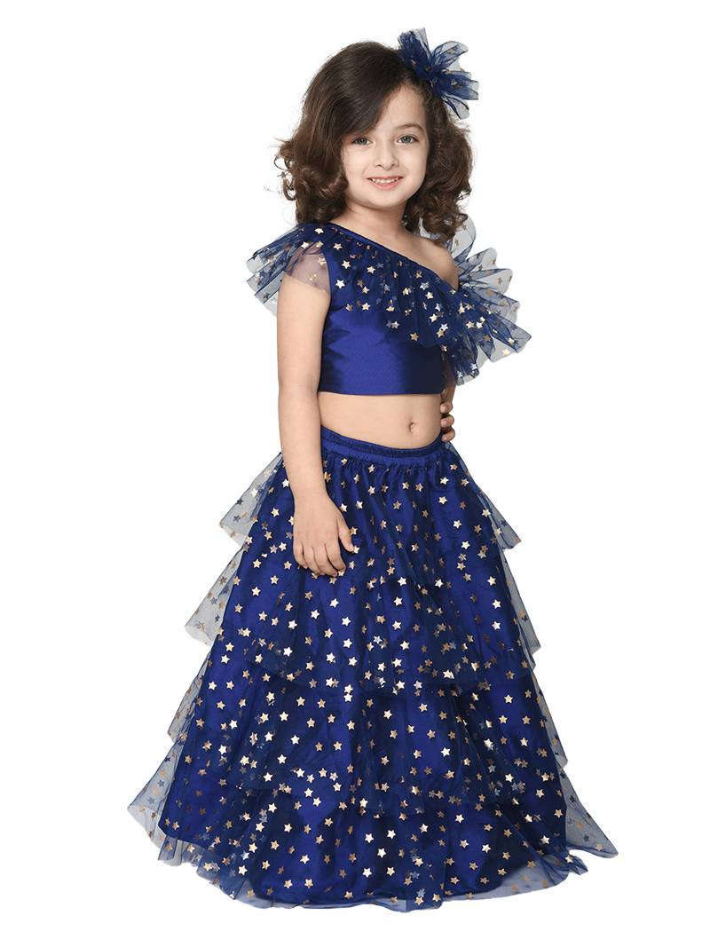 Navy Blue Silk Blended Lehenga Choli Set for Girls