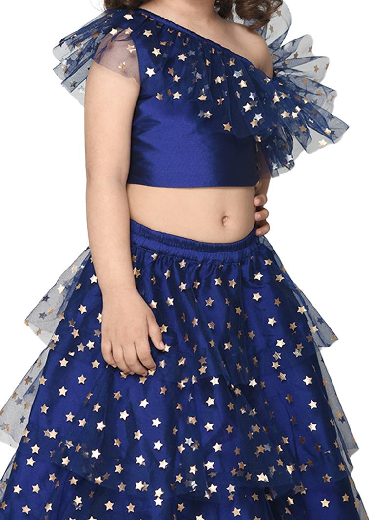 Navy Blue Silk Blended Lehenga Choli Set for Girls