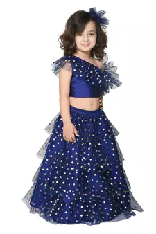 Navy Blue Silk Blended Lehenga Choli Set for Girls