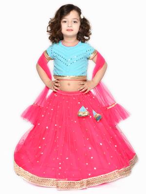 Girls Blue & Magenta Embellished Mirror Work Ready to Wear Lehenga & Blouse With Dupatta 1