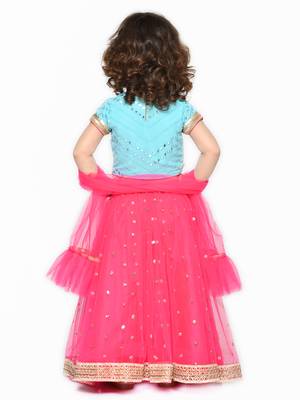 Girls Blue & Magenta Embellished Mirror Work Ready to Wear Lehenga & Blouse With Dupatta 2
