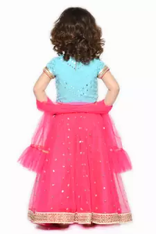 Girls Blue & Magenta Embellished Mirror Work Ready to Wear Lehenga & Blouse With Dupatta