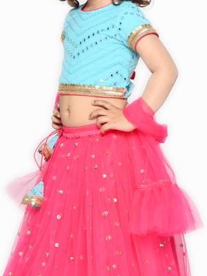 Girls Blue & Magenta Embellished Mirror Work Ready to Wear Lehenga & Blouse With Dupatta 3