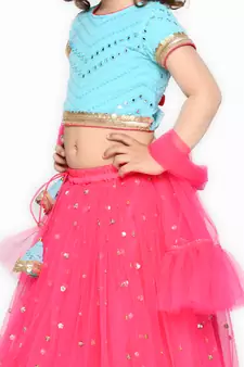 Girls Blue & Magenta Embellished Mirror Work Ready to Wear Lehenga & Blouse With Dupatta