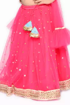 Girls Blue & Magenta Embellished Mirror Work Ready to Wear Lehenga & Blouse With Dupatta