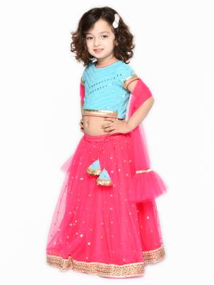Girls Blue & Magenta Embellished Mirror Work Ready to Wear Lehenga & Blouse With Dupatta 5
